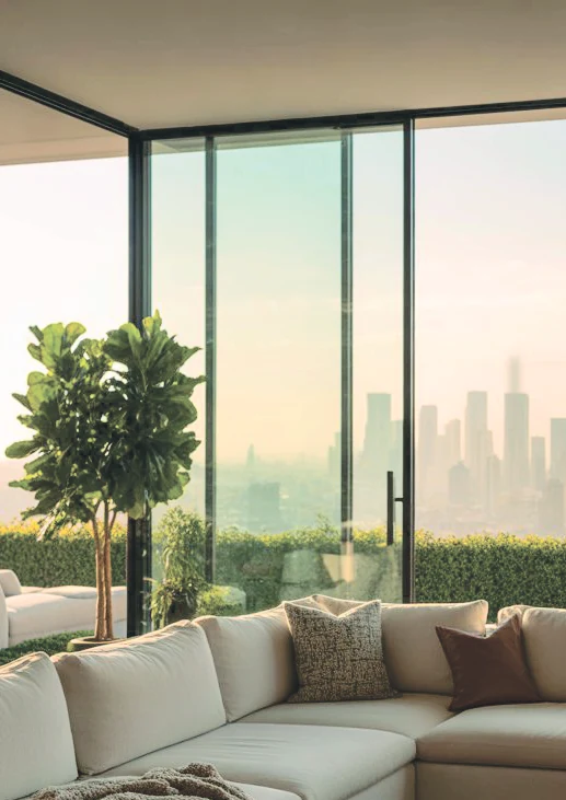 Corner aluminium glazing opening a living room to the outdoor view