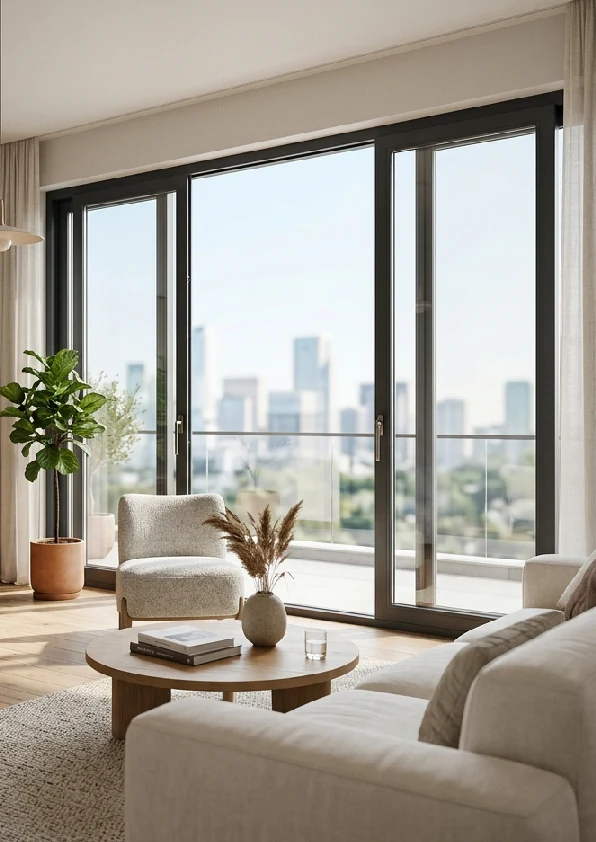 Modern interior with dark bronze aluminium windows